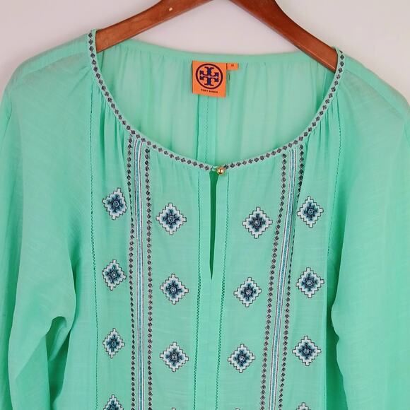 Tory Burch SZ 10 Lucille Seafoam Green Beaded Split Neck Blouse Cotton Linen - Picture 4 of 5